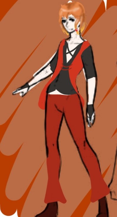 slender young adult male with very pale skin and ginger hair that fades to blonde. He wears red flare pants and a red vest. underneath the vest is a black shirt with a low hanging neck line and crop just above bellybutton. he wears a singular red bead in his hair.
