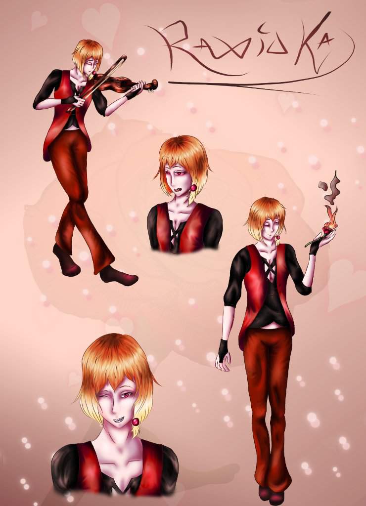Raxioka character concept sheet, consisting of 2 full body images and 2 headshots