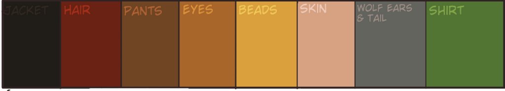 Kecyl's color pallet of 8 earthy tones. dark grey for jacket, redish-brown for hair,brown for pants, honey orange for eyes, yellow for necklace, dark unsatuated peach for skin, light grey for ears and tail, green for shirt. 