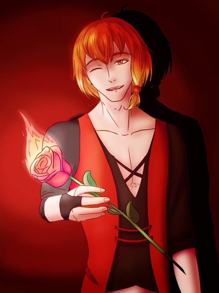 Raxi winking while handing out a rose set aflame